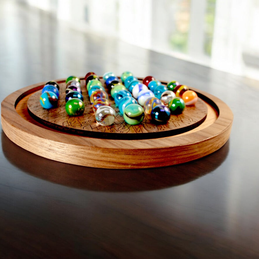 Artisan handcrafted solitaire board made from natural wood.