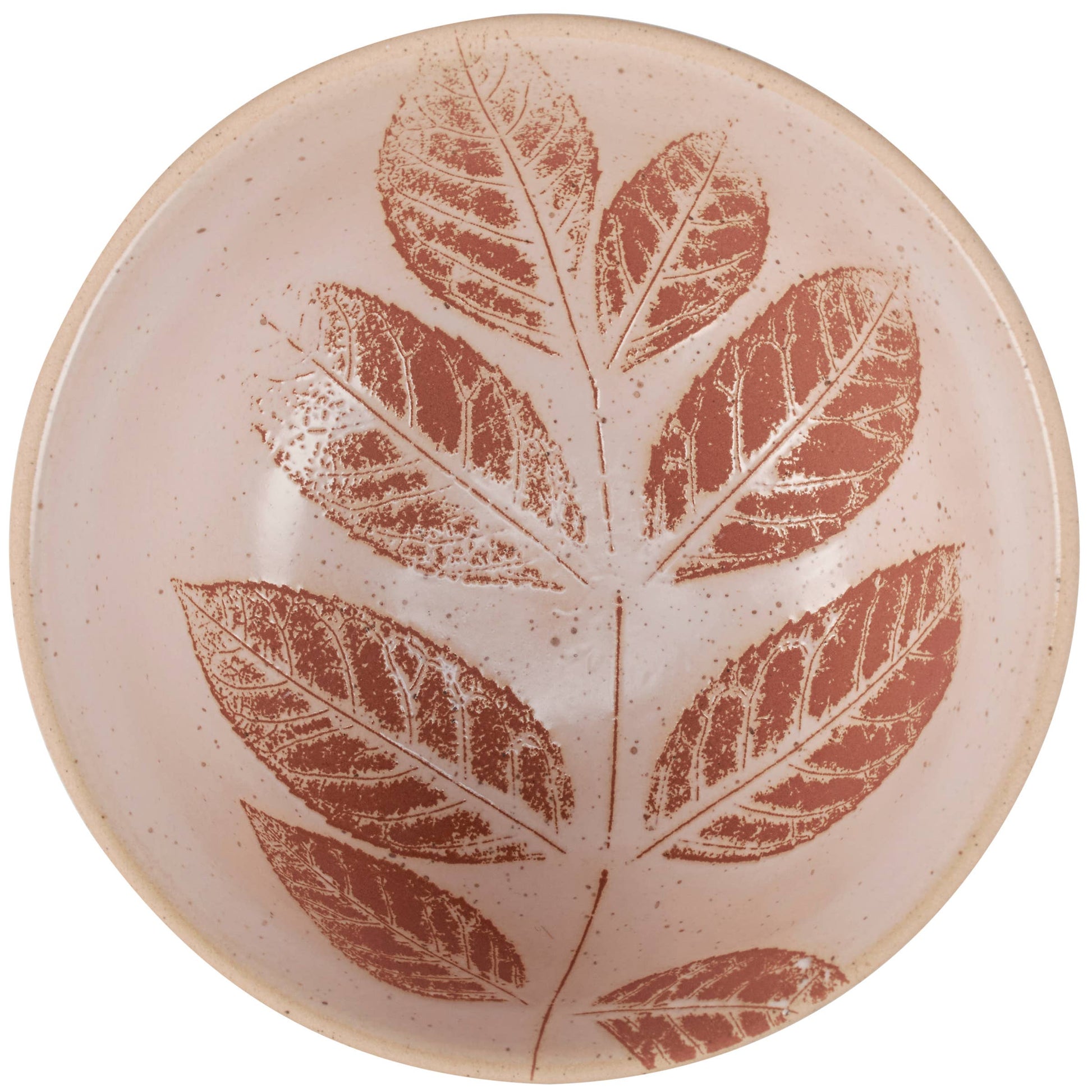 Autumn-inspired bowls with brown leaf prints and cream glaze.