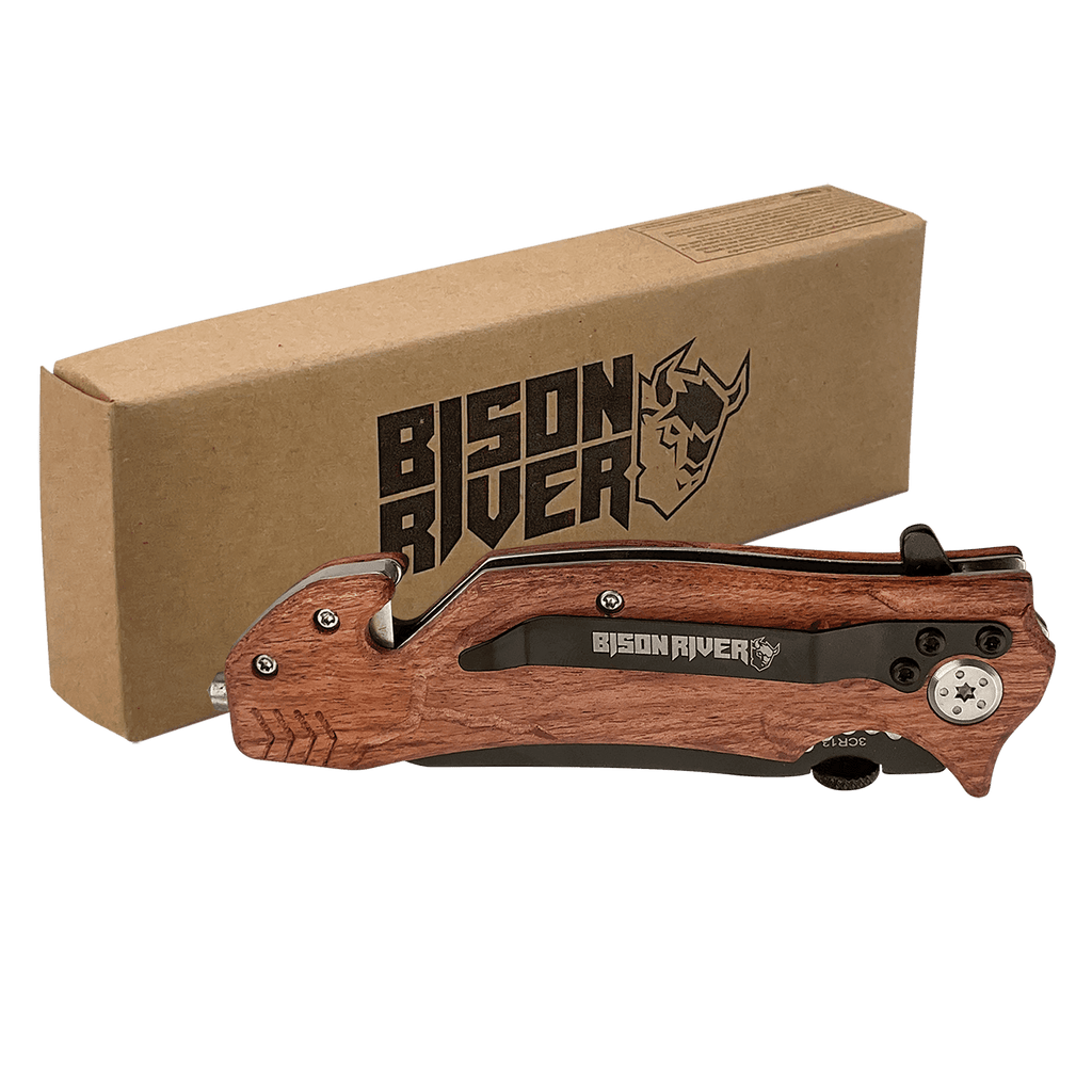 Bison River 4.5 inch black rescue knife with engravable wood handle.