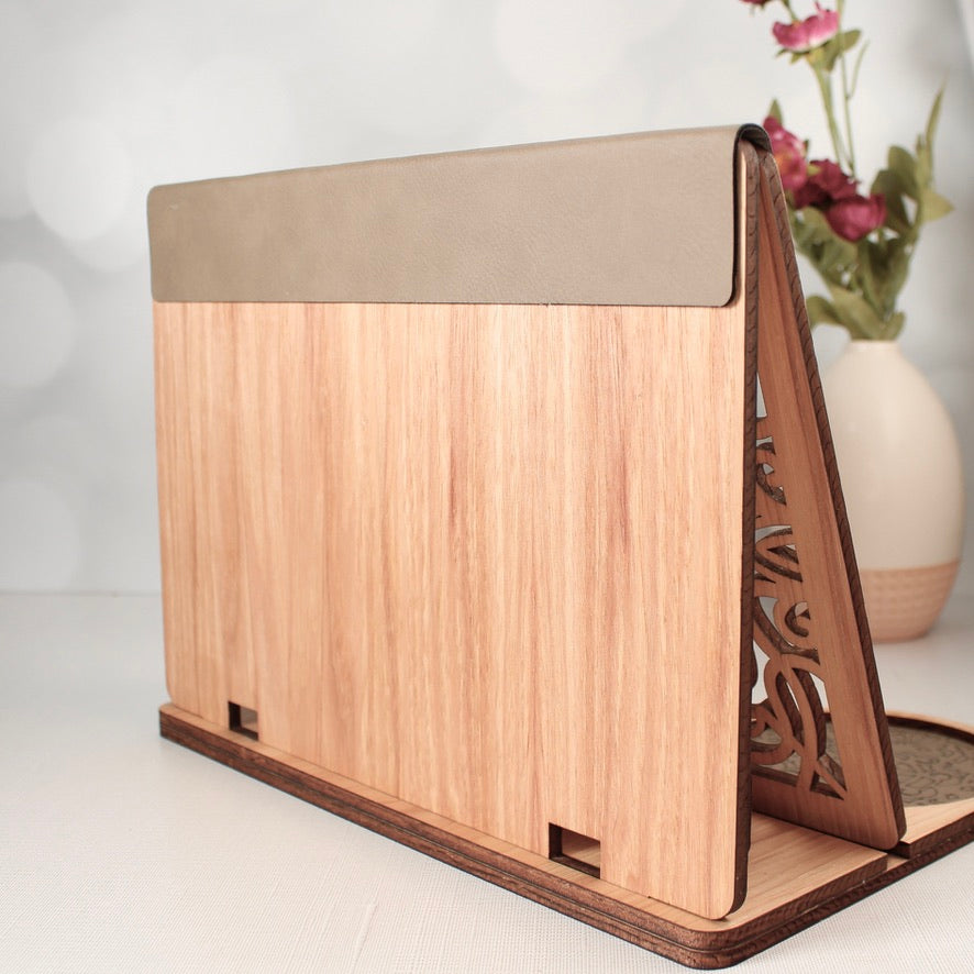 Rear view of wooden book stand showing support construction