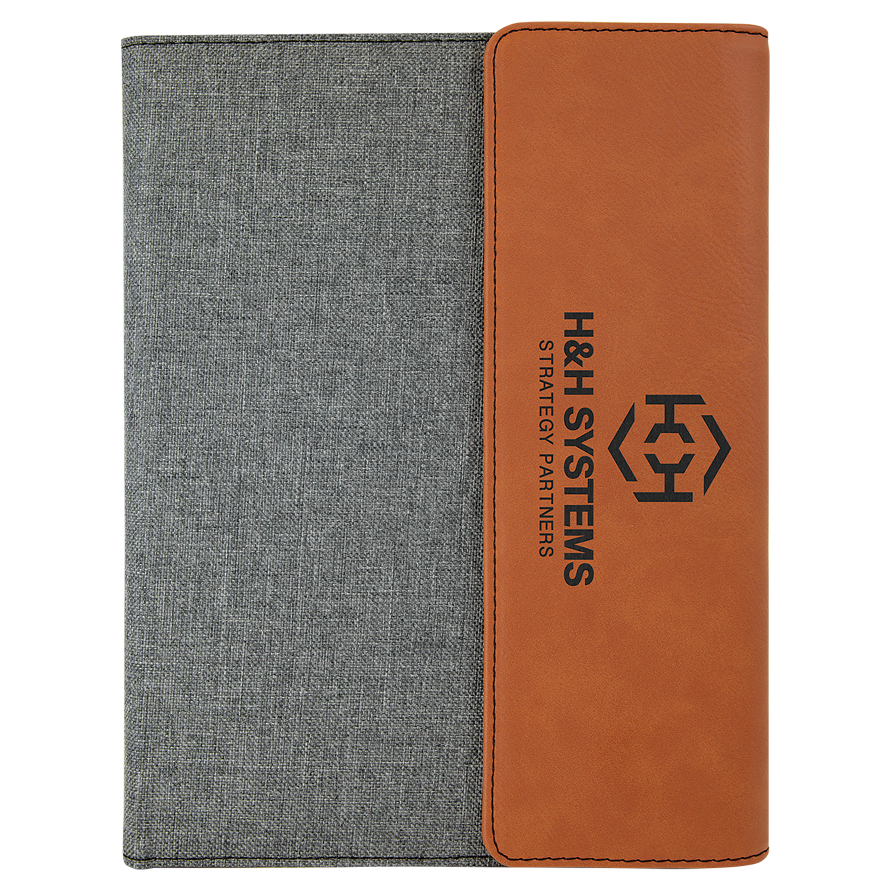 Custom engraved and printed executive notebook with document pocket and pen holder.