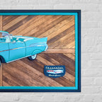 Classic car wood wall art featuring a 1957 Chevy Bel Air in mid-century modern style.