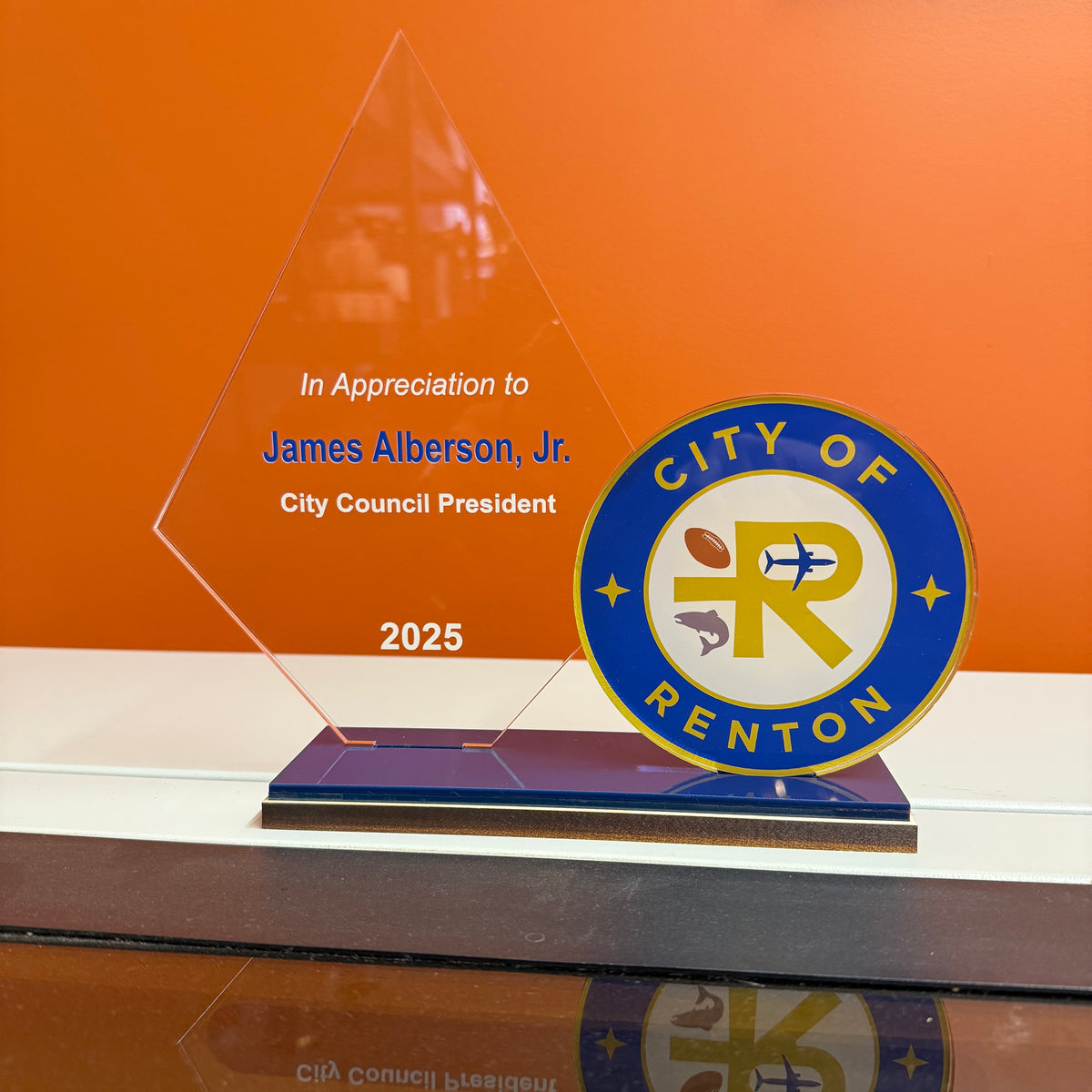 Clear acrylic civic recognition award with custom shape and full-color printing