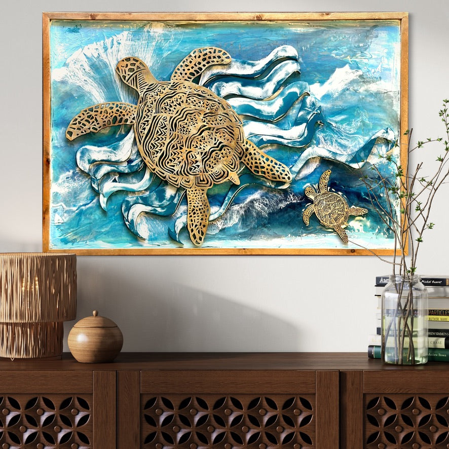Laser Cut Sea Turtle Wall Art with Resin Ocean Background