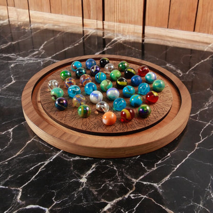 Wooden solitaire game featuring bright glass marbles and engraved details.