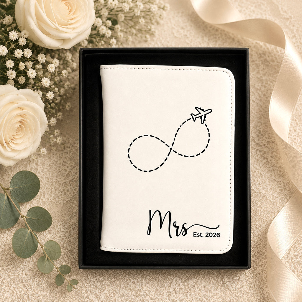 Personalized passport wallets set for couples with custom names.