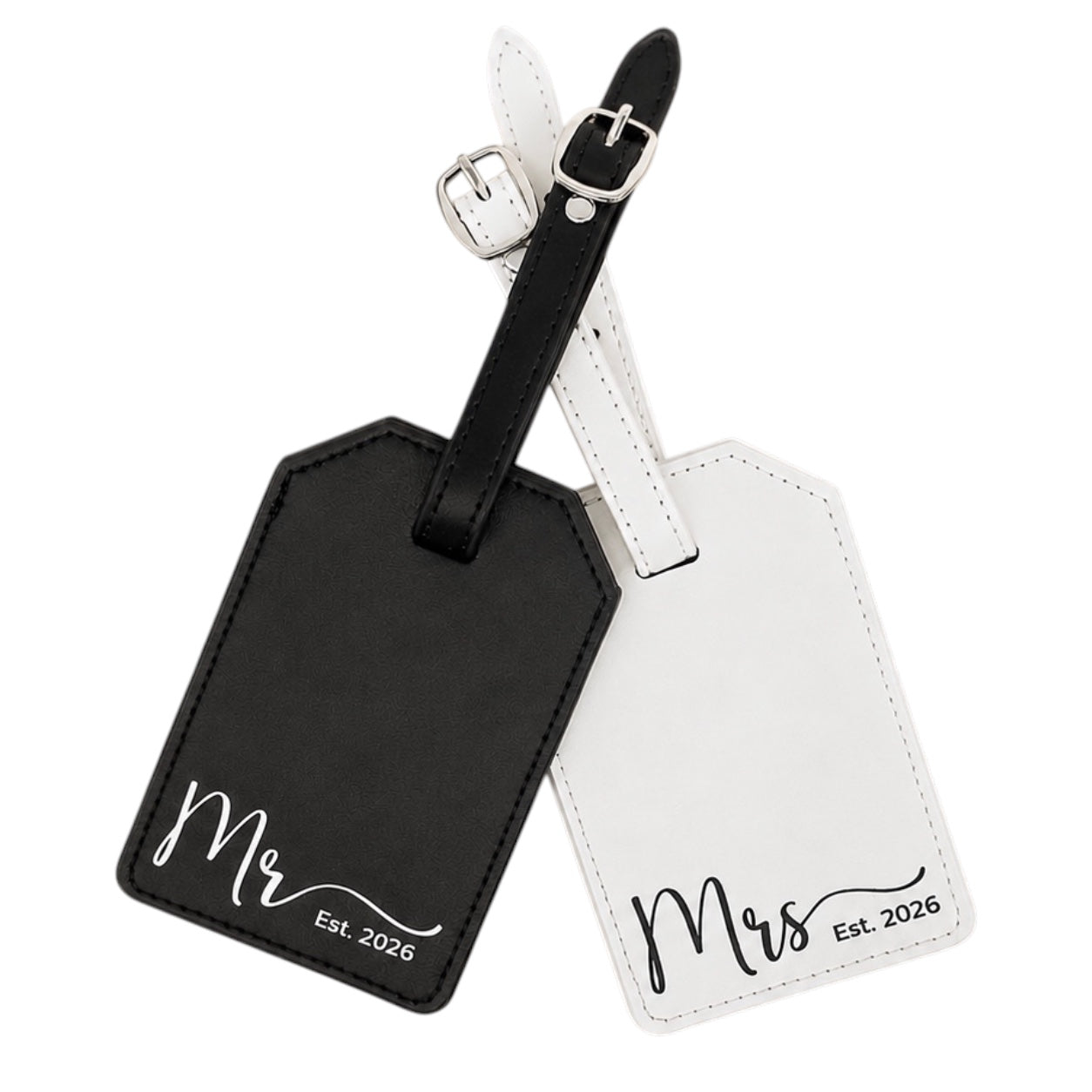 Personalized luggage tags set for couples with custom names.