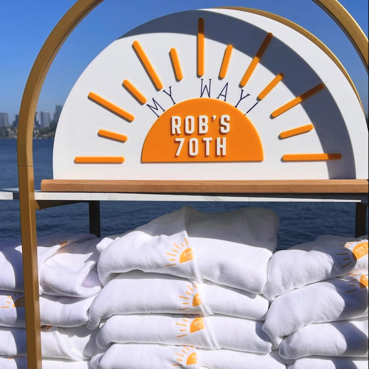 Freestanding dimensional event sign created for Rob’s waterfront 70th birthday celebration.