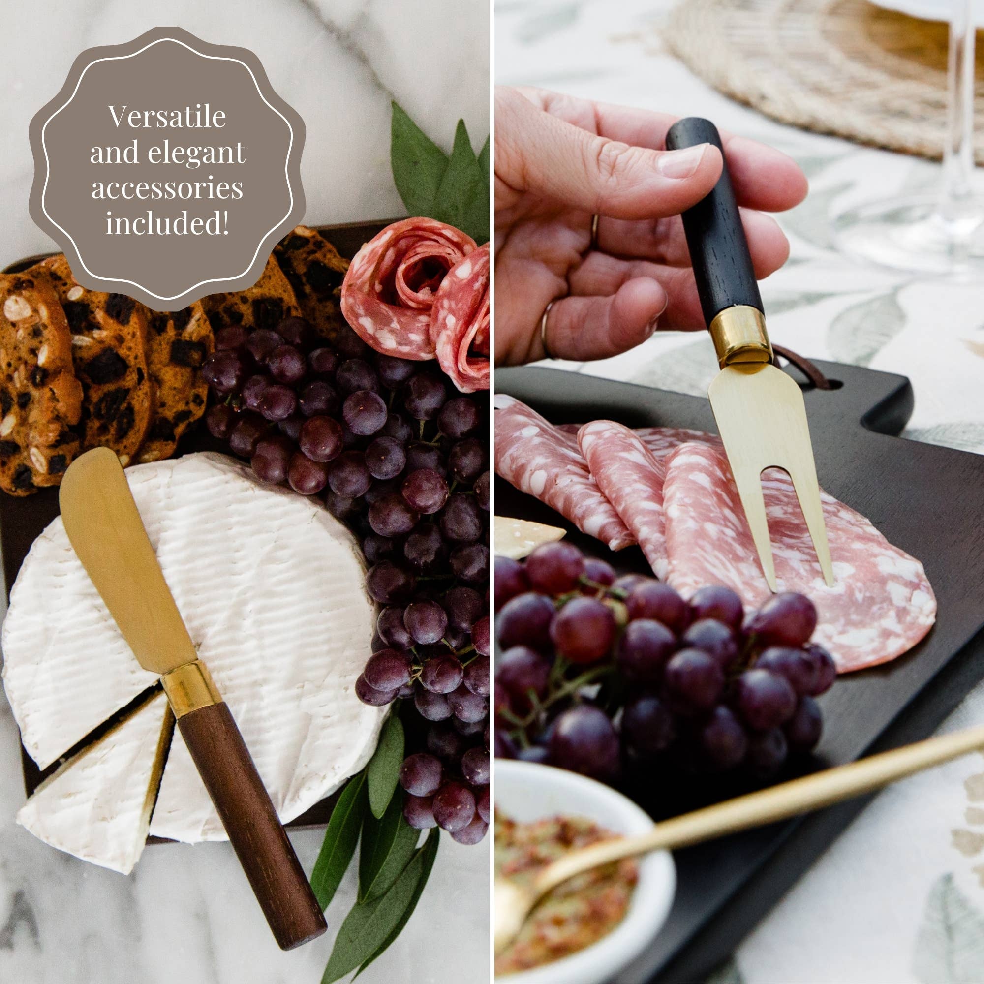 Two images showing cheese and charcuterie boards with gold and black cutlery. One image has text 'Versatile and elegant accessories included!'.
