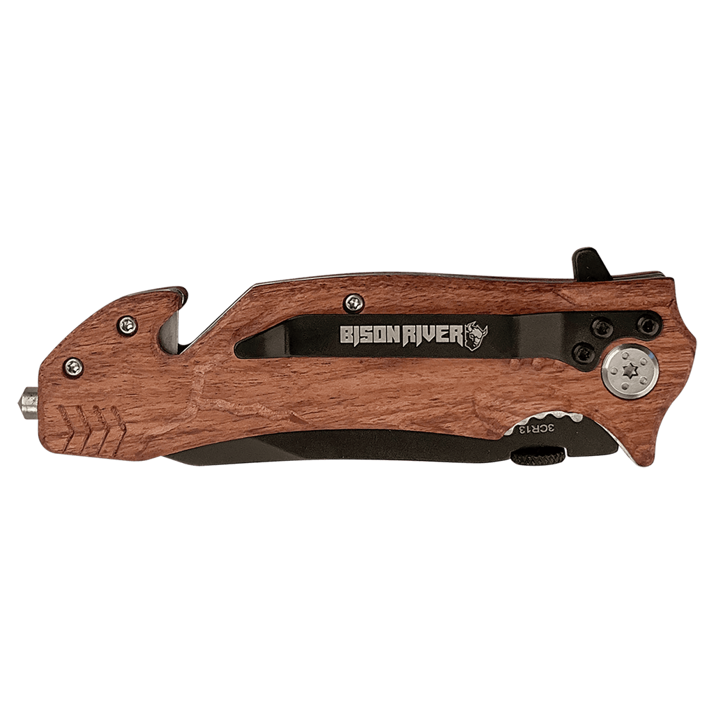 Custom engraved folding knife with black blade and wood handle.
