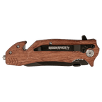 Custom engraved folding knife with black blade and wood handle.