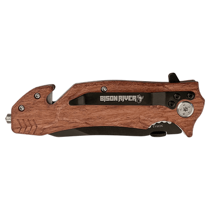 Custom engraved folding knife with black blade and wood handle.