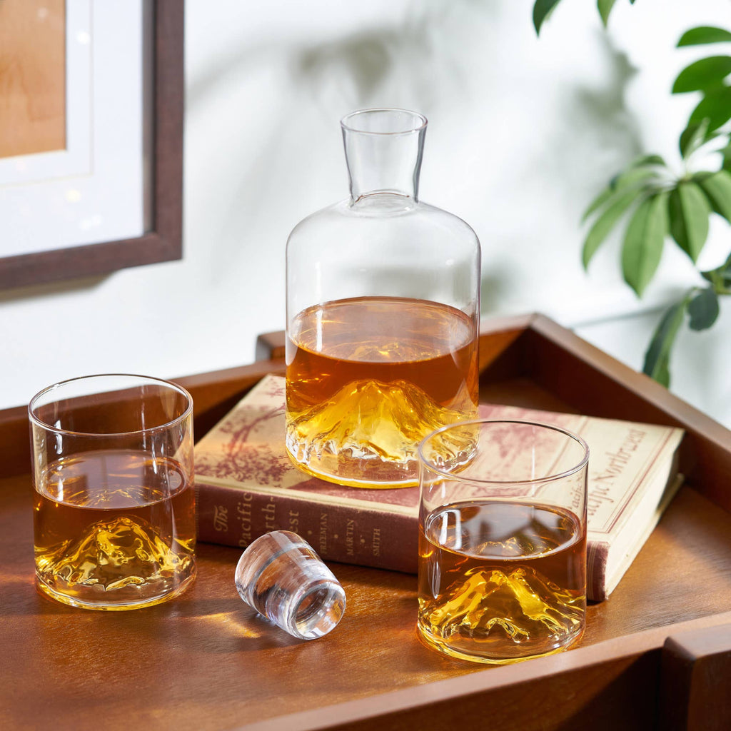 Personalized decanter with mountain base featuring company logo