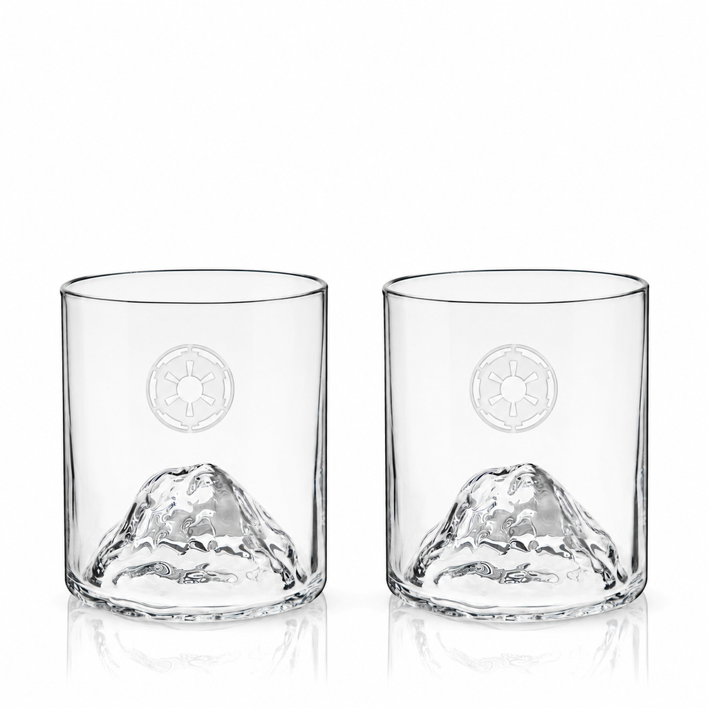 Whiskey glasses with mountain base featuring custom company logo engraving
