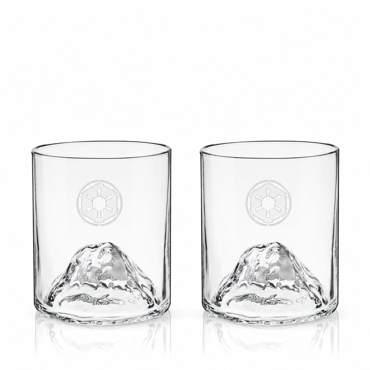 Whiskey glasses with mountain base featuring custom company logo engraving