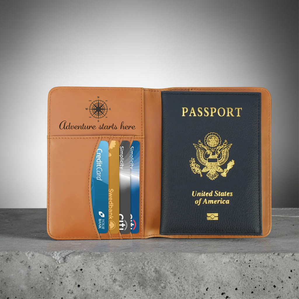 Open passport wallet showing multiple card slots and passport holder