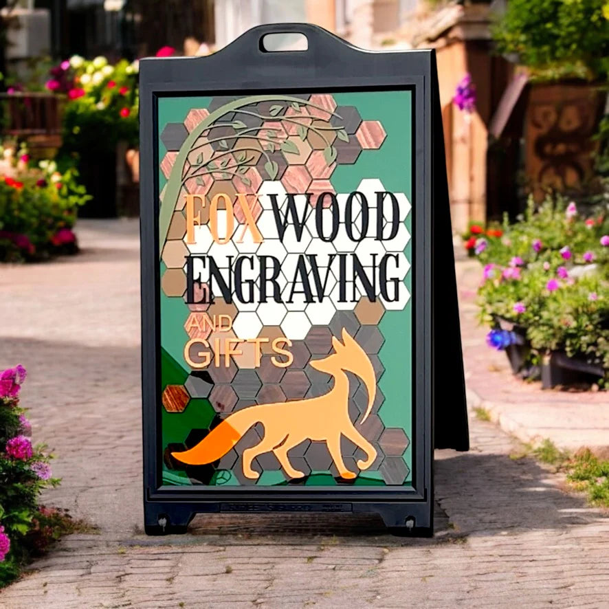 Custom Foxwood sidewalk A-frame sign with layered wood, dimensional lettering and fox artwork.
