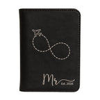 Close-up of engraved leatherette passport holder for men.