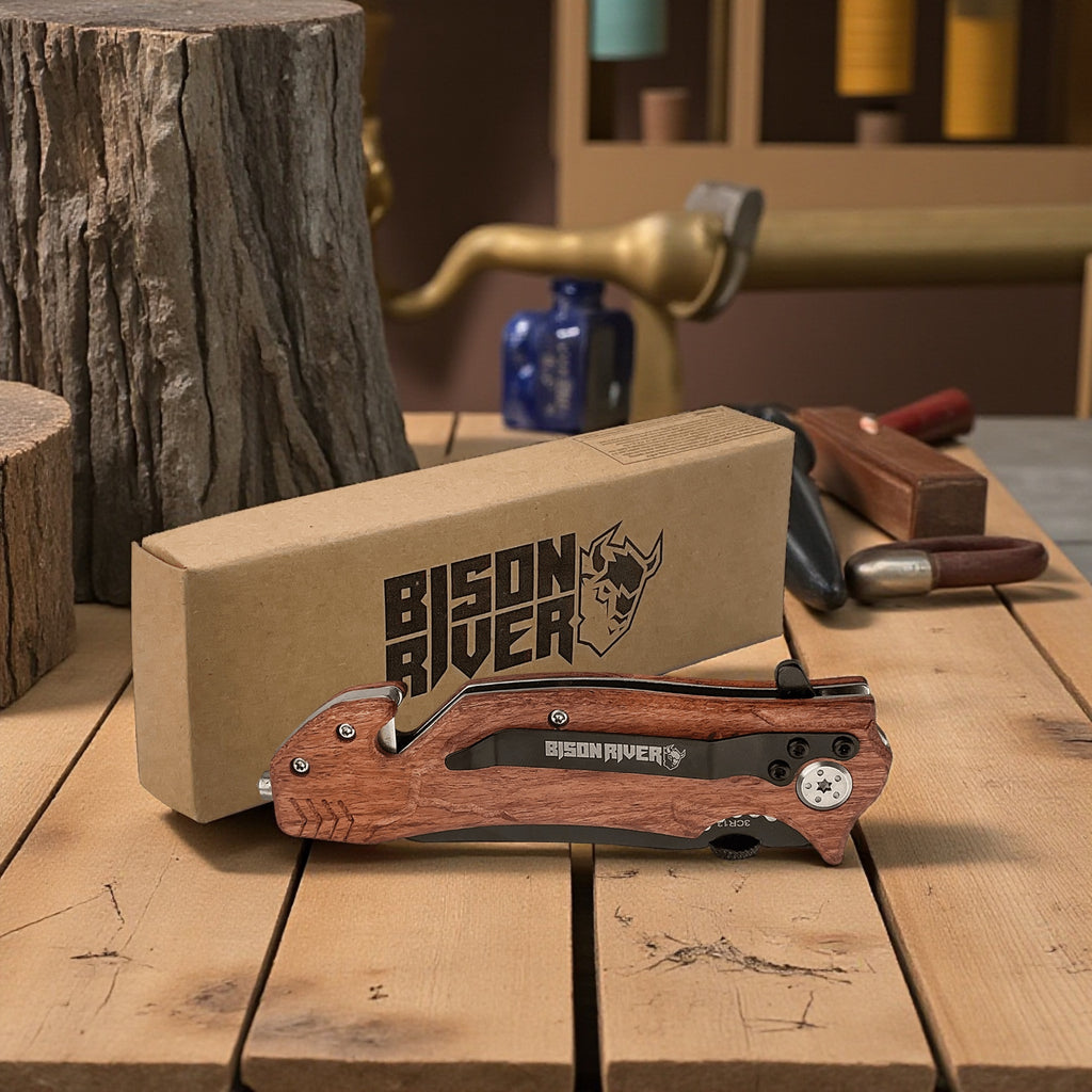 Personalized Bison River rescue knife with gift box packaging