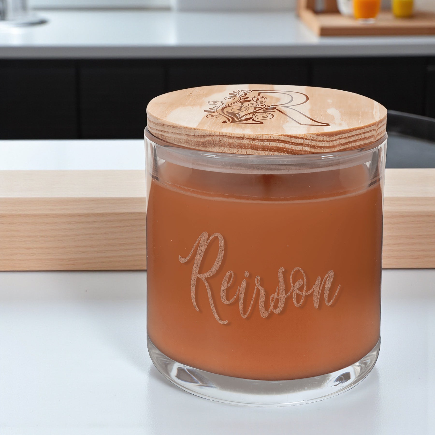 Personalized candle with engraved wood lid gift idea.