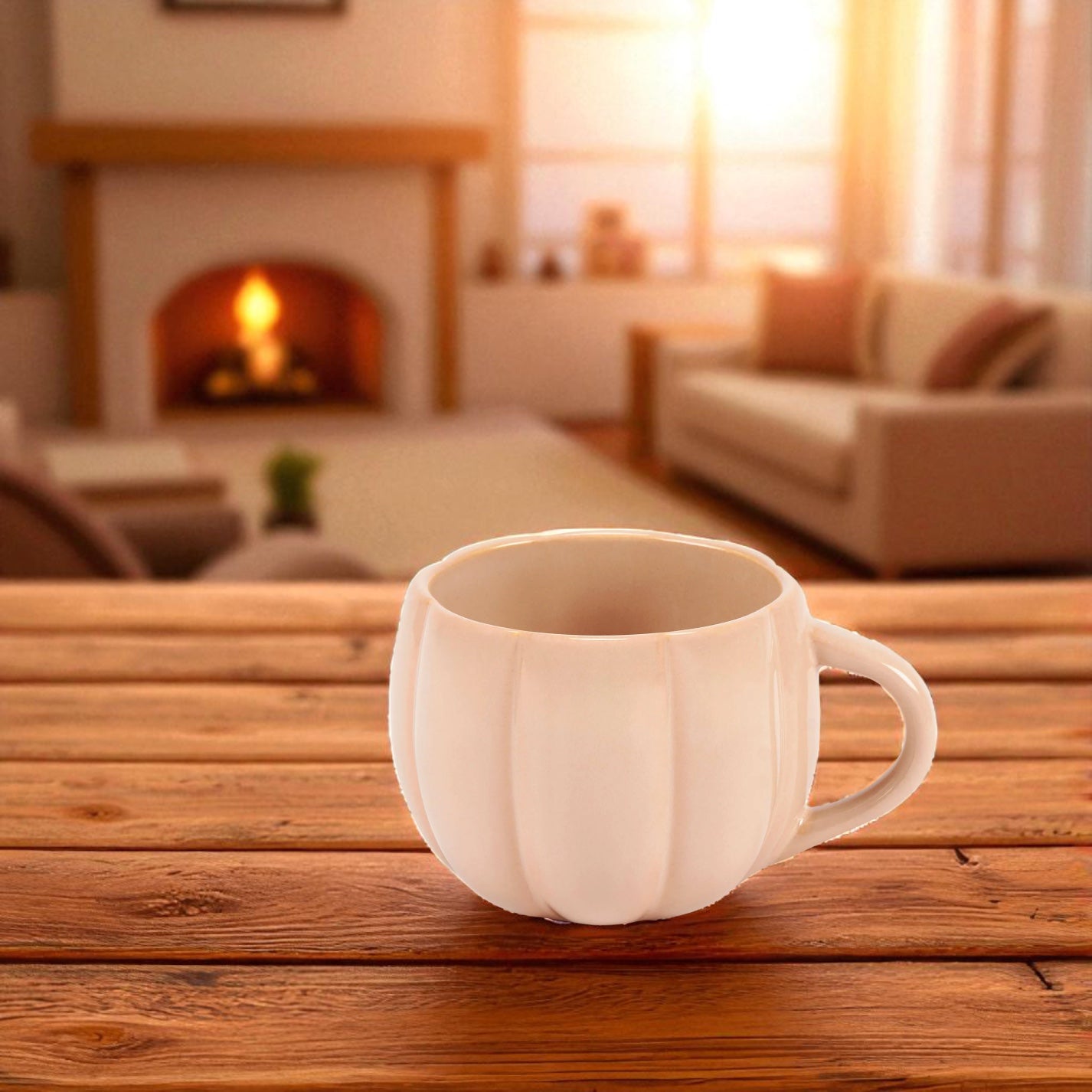Blush cream pumpkin mug on wooden table with cozy fall background.