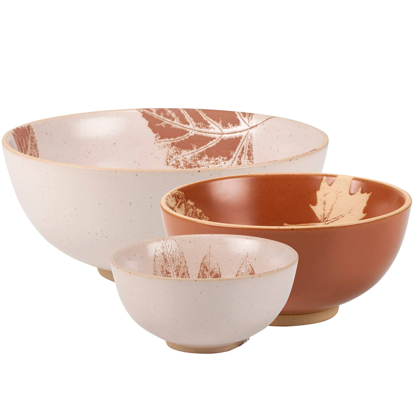 Three nesting stoneware bowls with fall leaf design 