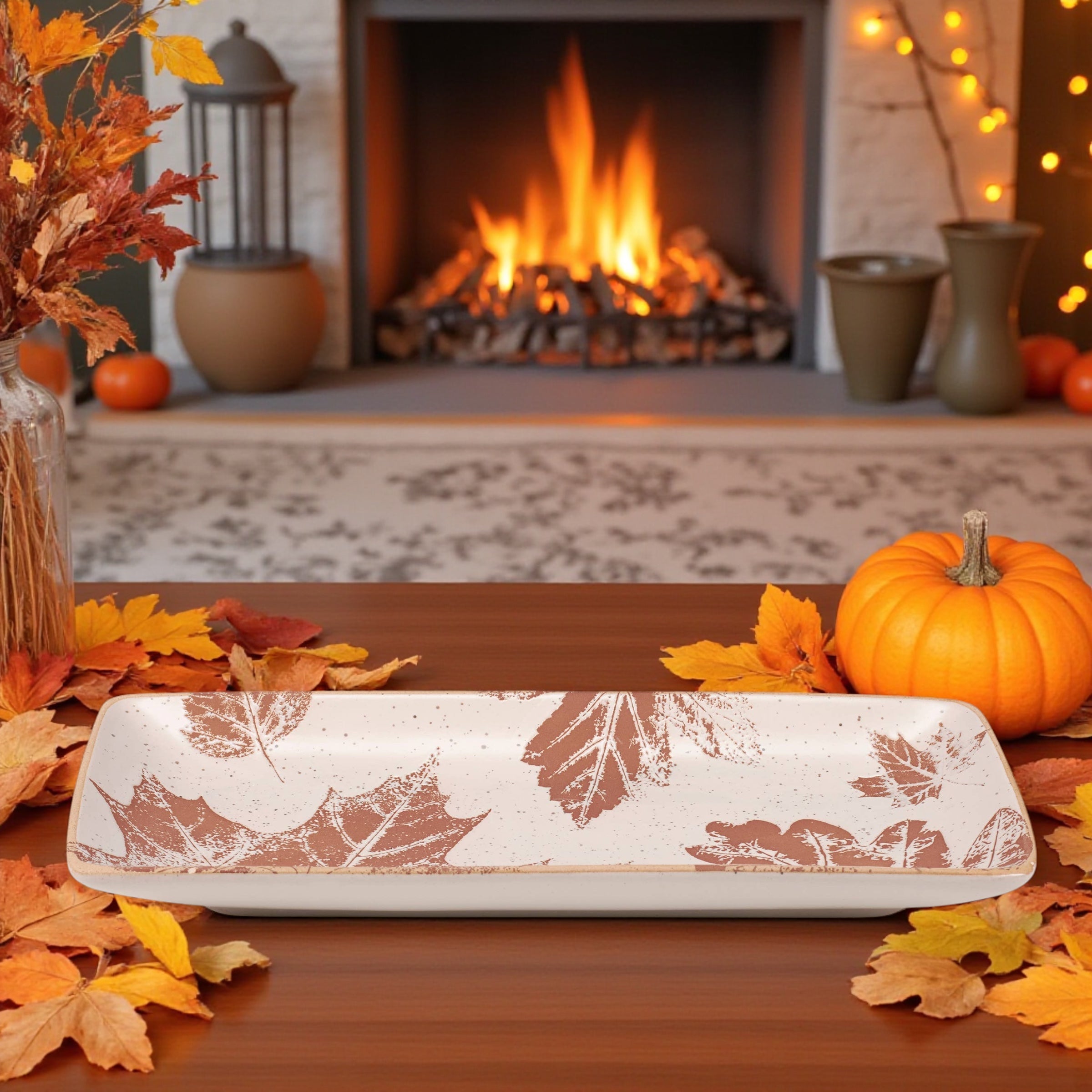 Stoneware platter with brown leaf design from Fall Collection