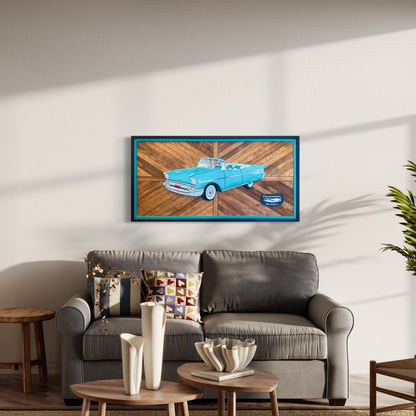 Foxwood Engraving handcrafted 1957 Chevy Bel Air wall art displayed in living room setting.