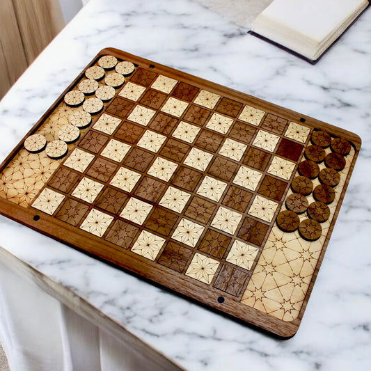 Handcrafted wooden Checkers board with engraved star design on maple and walnut squares.