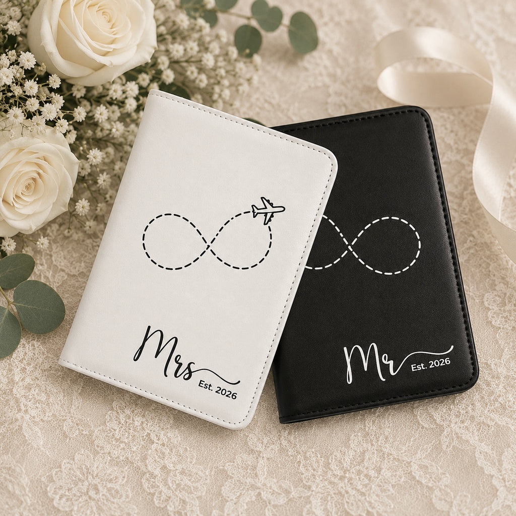 Matching his and hers passport holders personalized for wedding or honeymoon.