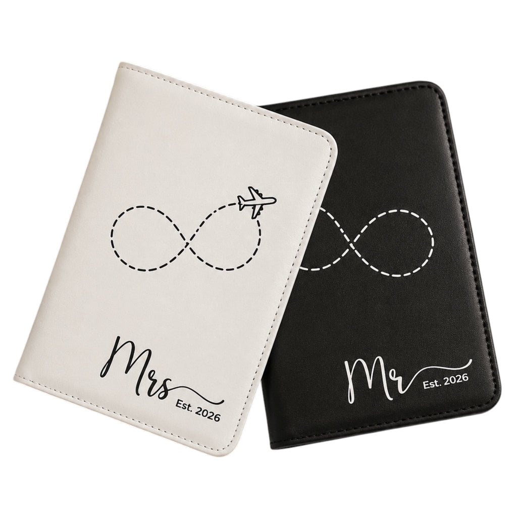 Matching passport holders designed for honeymoon travel.