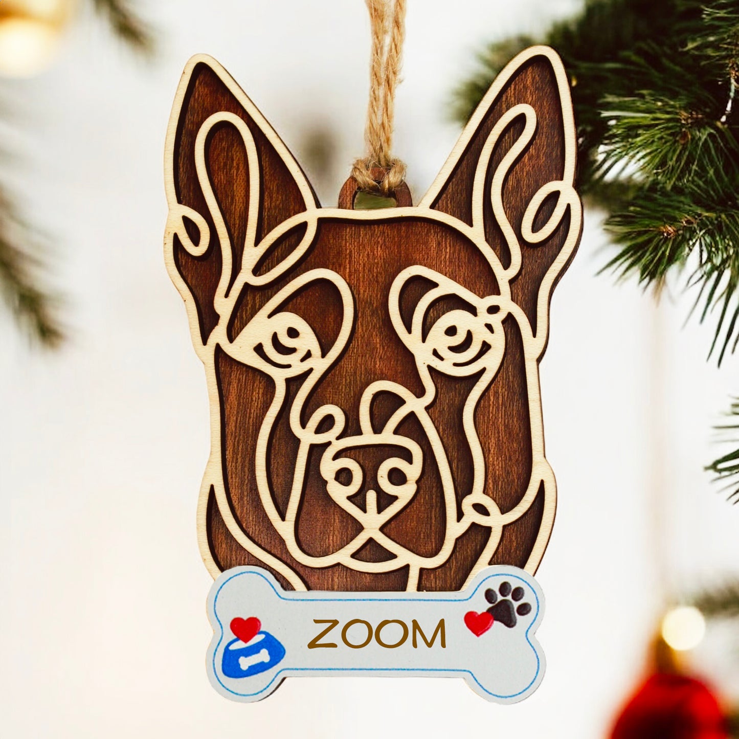 Intricate line-art laser-cut dog breed ornament in natural wood finish.