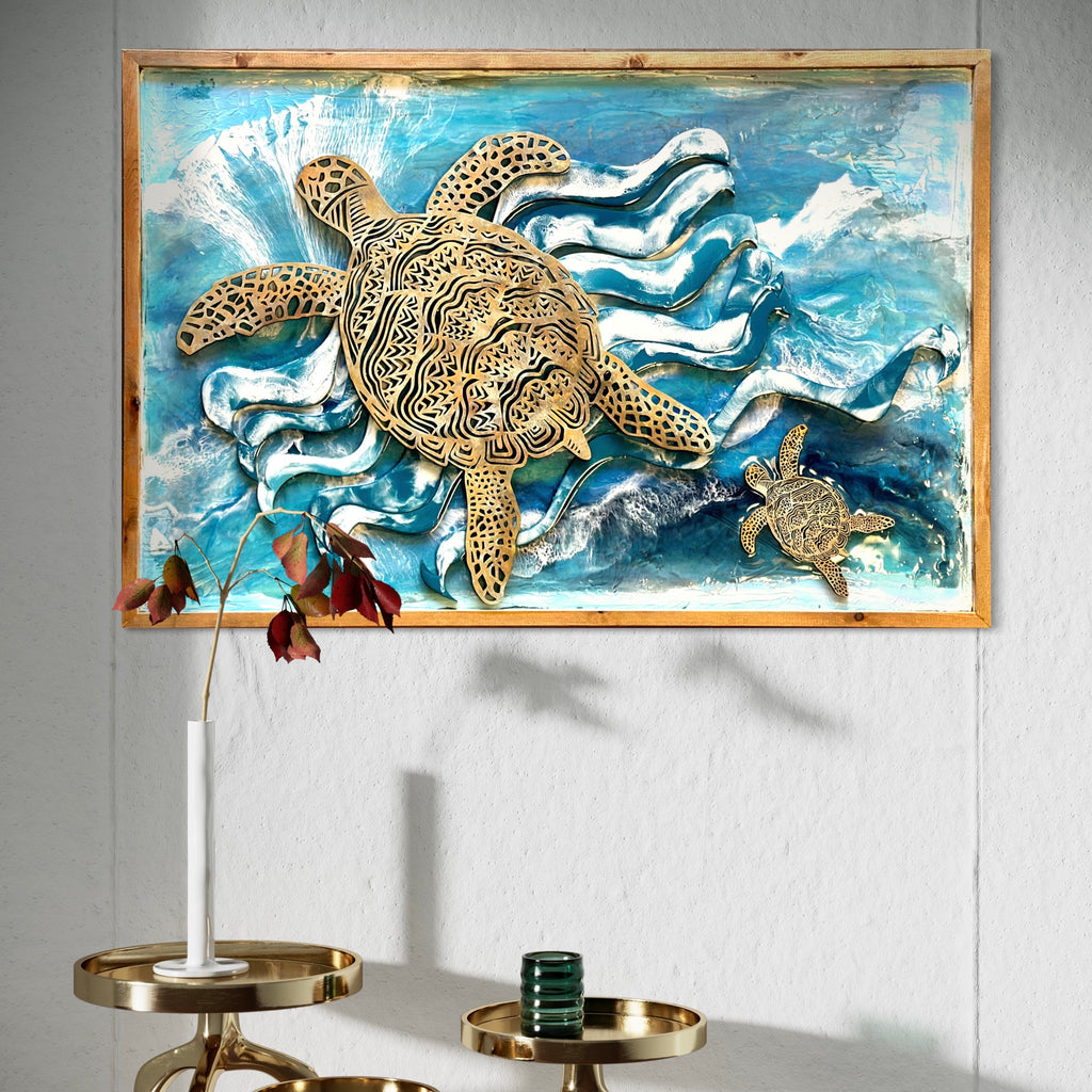 Laser Cut Sea Turtle Wall Art with Resin Ocean Background