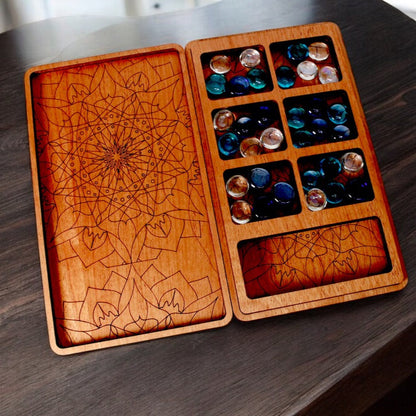 Laser engraved Mancala game board handcrafted from hardwood