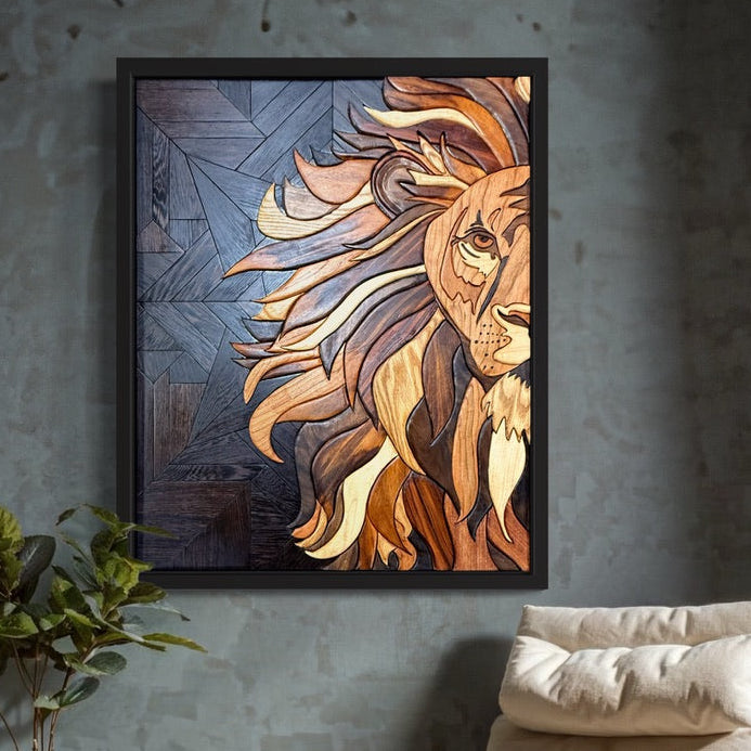 Detailed framed lion portrait created with layered intarsia woodwork.