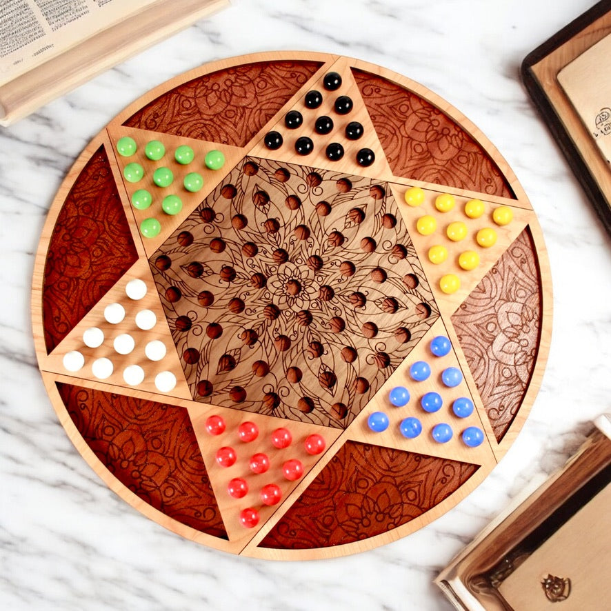 Handcrafted Chinese Checkers board displayed as modern rustic home décor.
