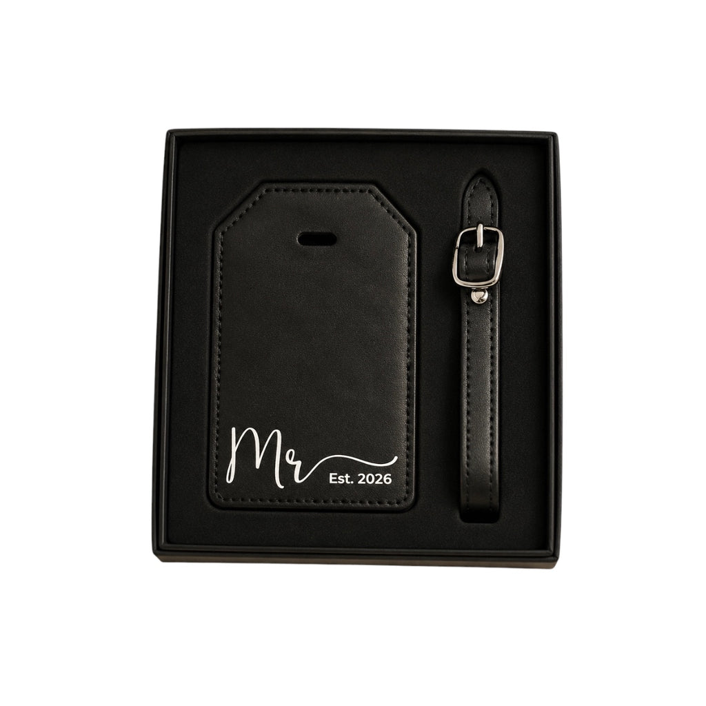 Black Mr and Mrs travel accessories set for wedding or honeymoon gifting.