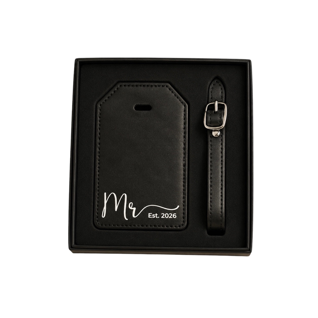 Black Mr and Mrs travel accessories set for wedding or honeymoon gifting.