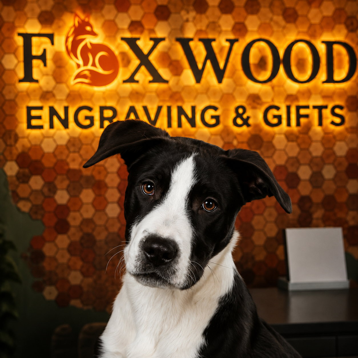Oreo, Foxwood Engraving's friendly shop dog and Chief Happiness Officer, welcoming visitors to the downtown Renton studio.