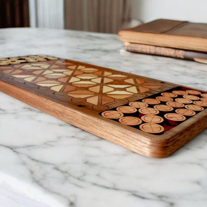 Foxwood Engraving handcrafted Fanorona board showing detailed wood pattern.