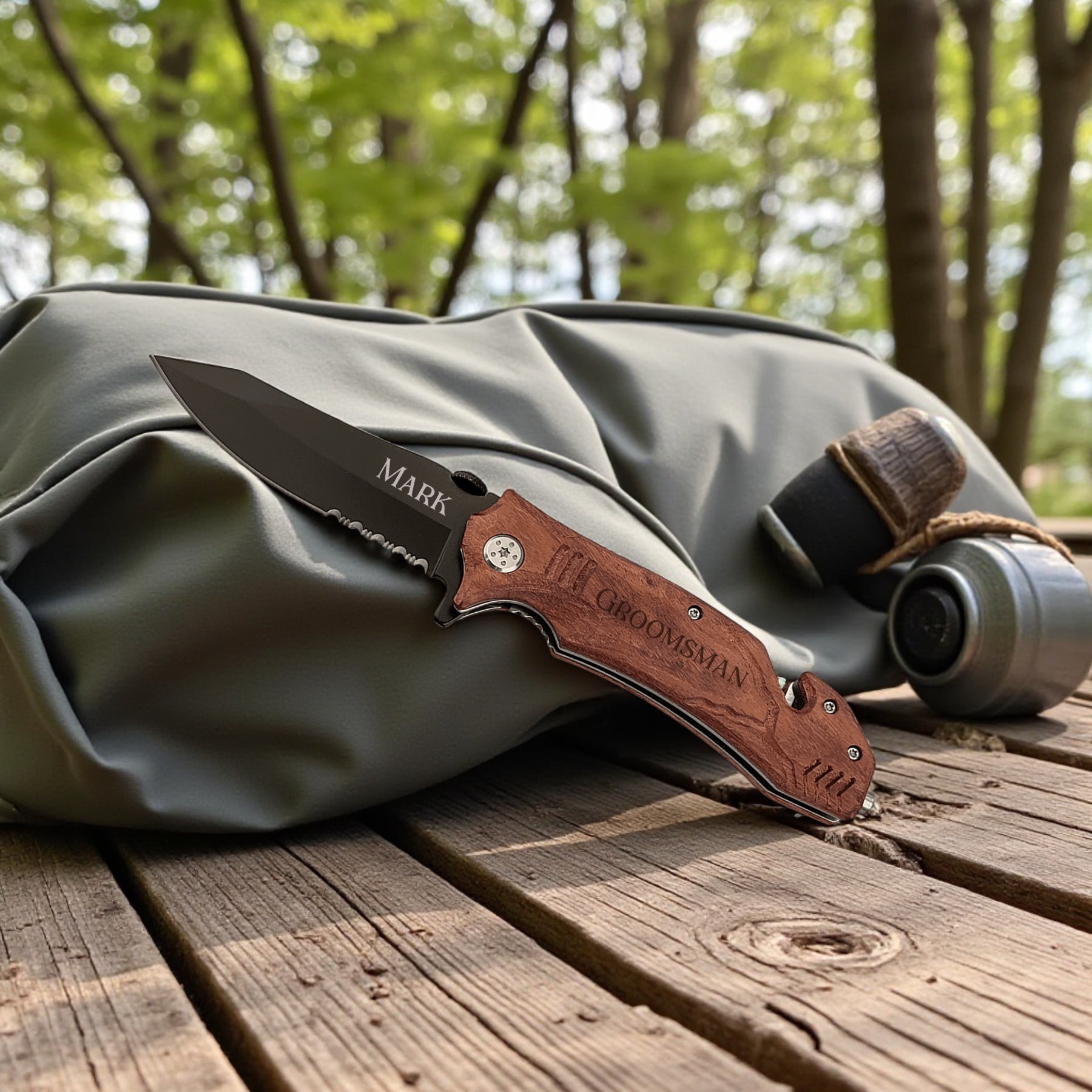 Engraved wood handle Bison River knife for personalized gifting.