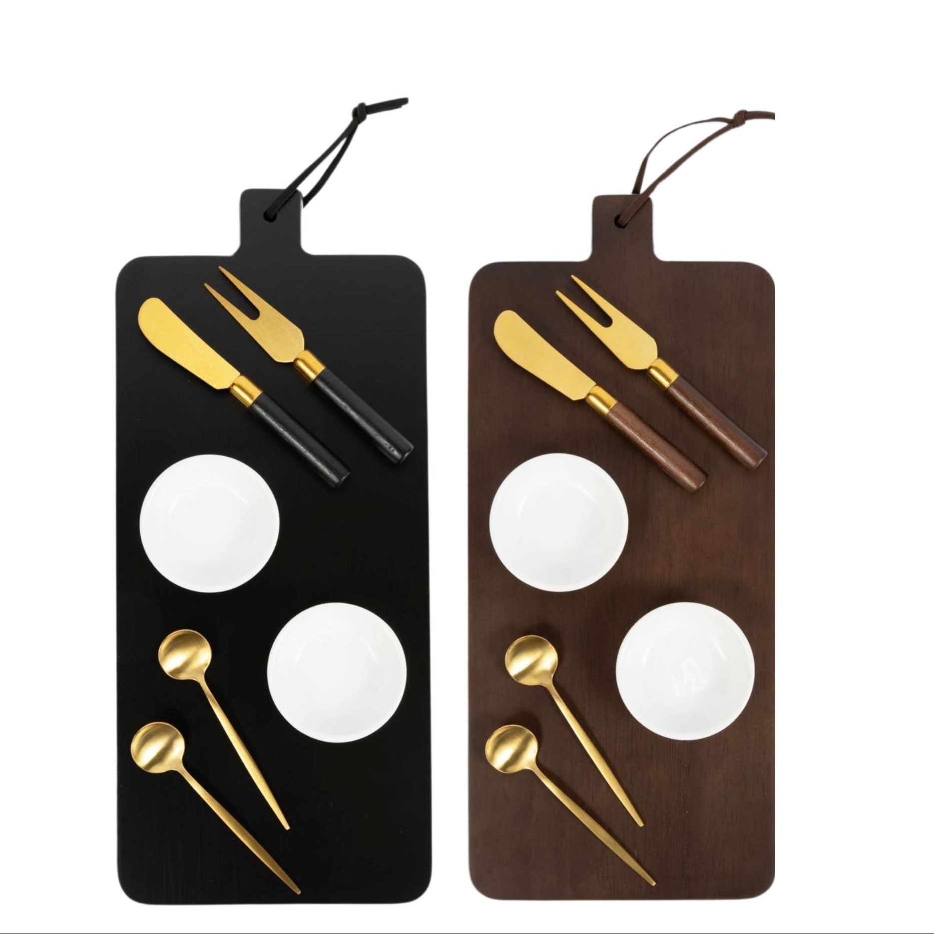 Two hanging cutting boards with gold cutlery on a white background