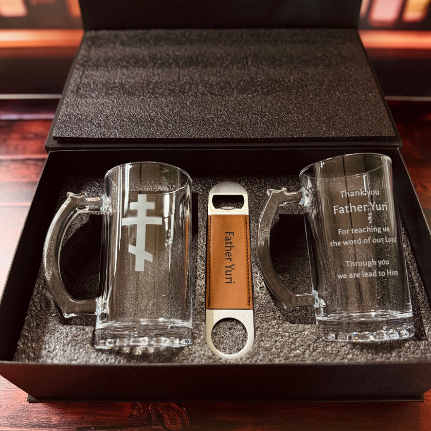 Custom Engraved Beer Mug Gift Set with Bottle Opener