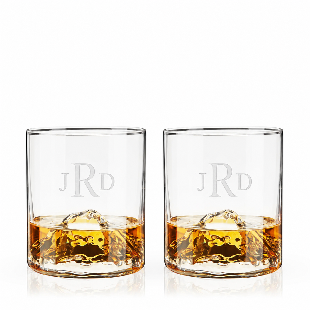 Custom engraved mountain whiskey glasses with crystal tumblers set of two