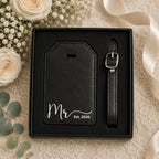 Close-up of custom engraved wedding luggage tag with script font.