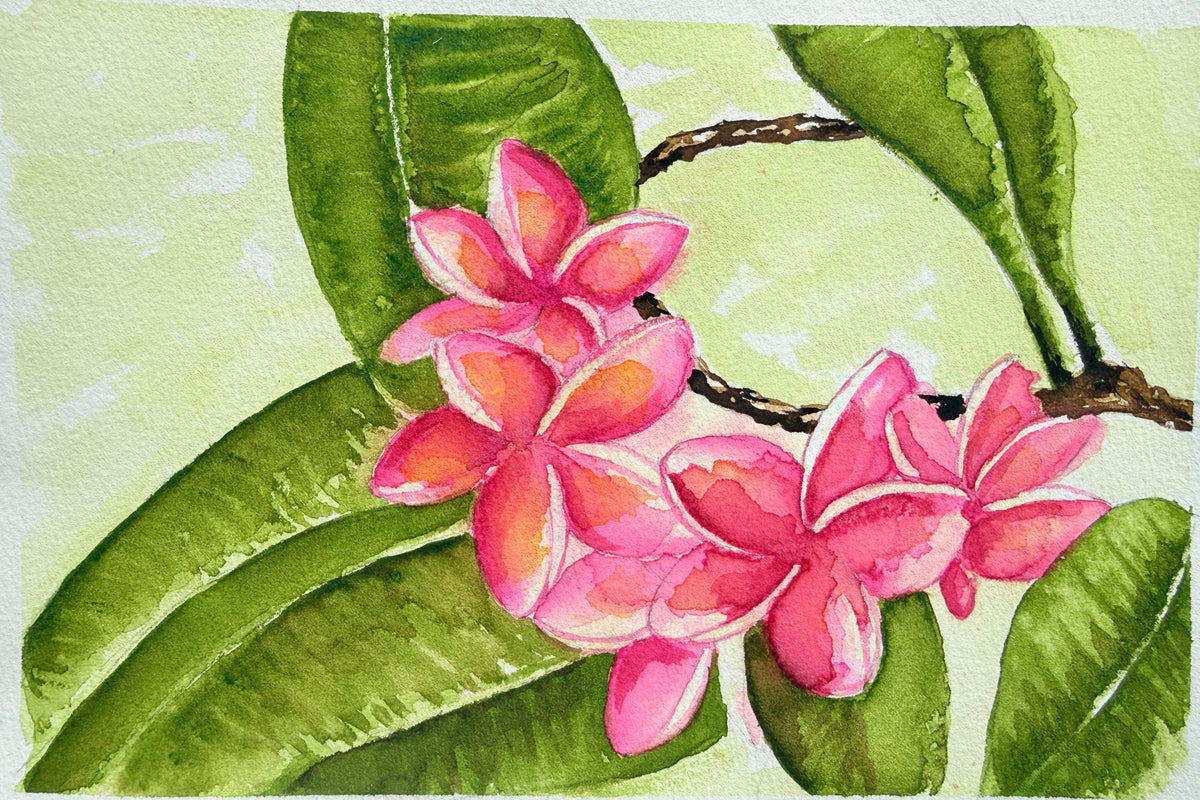 Original watercolor painting of vibrant pink plumeria flowers surrounded by green tropical leaves.