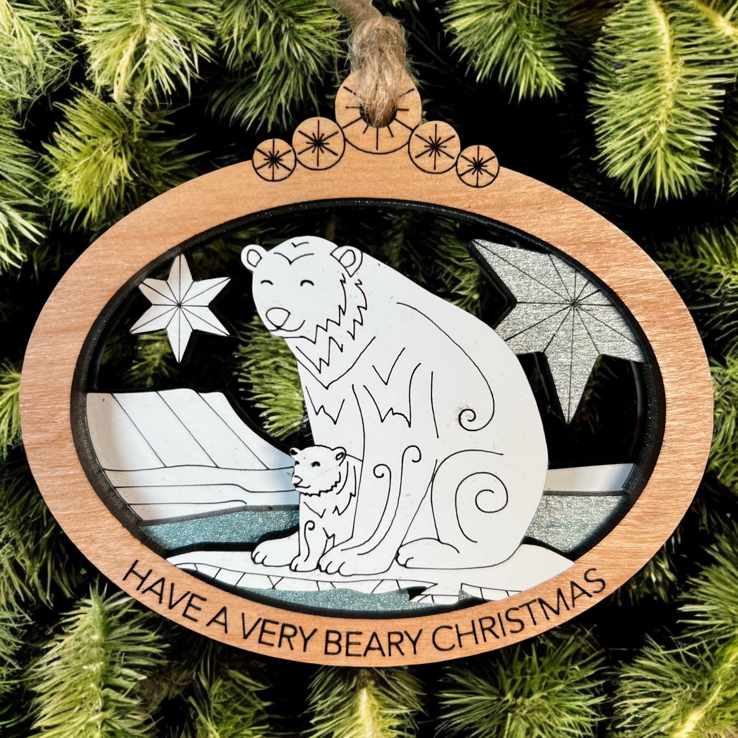 Wooden Christmas ornament with polar bear and cub