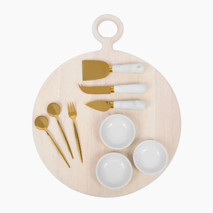 Round wooden cheese board with full entertaining accessory set