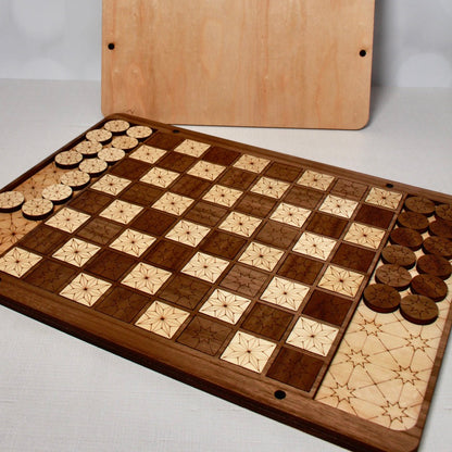 Rustic handcrafted wooden Checkers board with playing pieces arranged for gameplay.