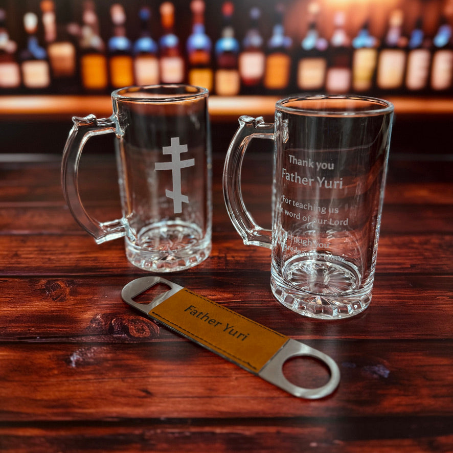 Custom Engraved Beer Mug Gift Set with Bottle Opener